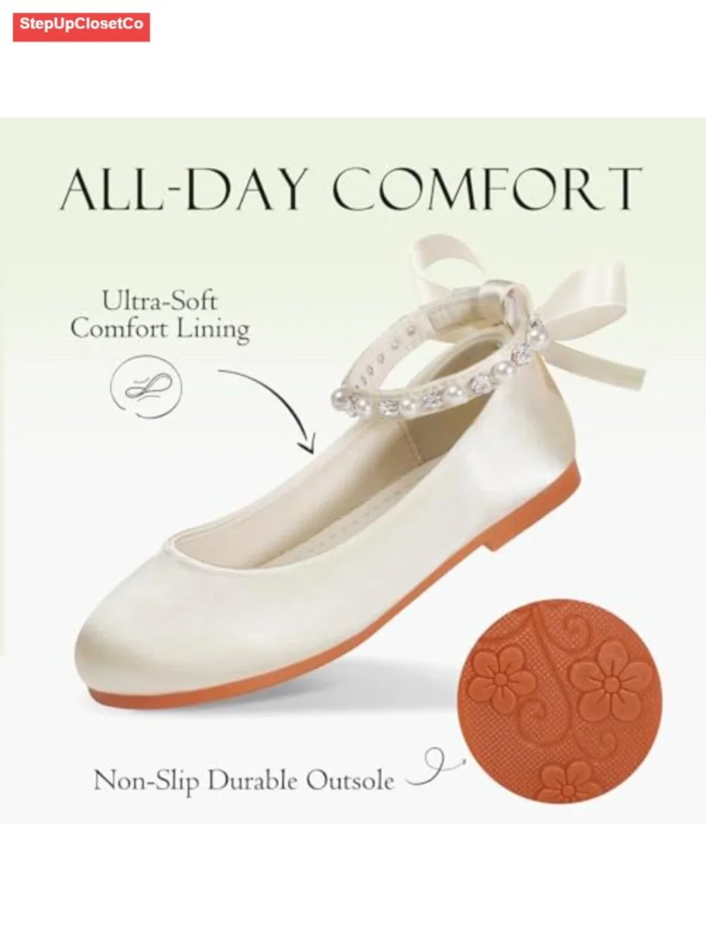 Toddler Girl Satin Mary Jane Flats with Rhinestone Pearl Strap Princess Shoes
